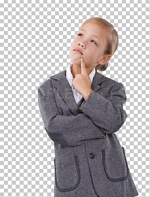 Buy stock photo Girl child in business, thinking and idea for future career isolated on transparent png background. Young kid, little businesswoman clothes and pretend professional with insight for dream job in suit