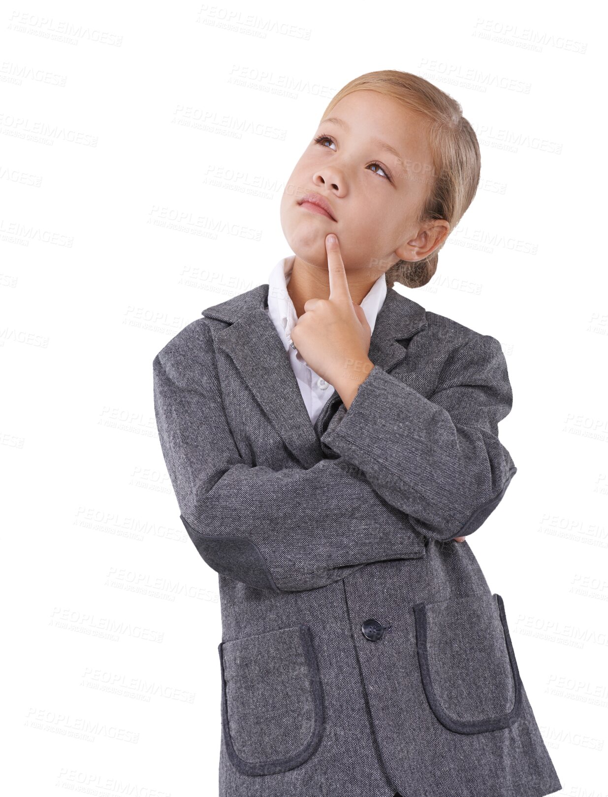 Buy stock photo Girl child in business, thinking and idea for future career isolated on transparent png background. Young kid, little businesswoman clothes and pretend professional with insight for dream job in suit