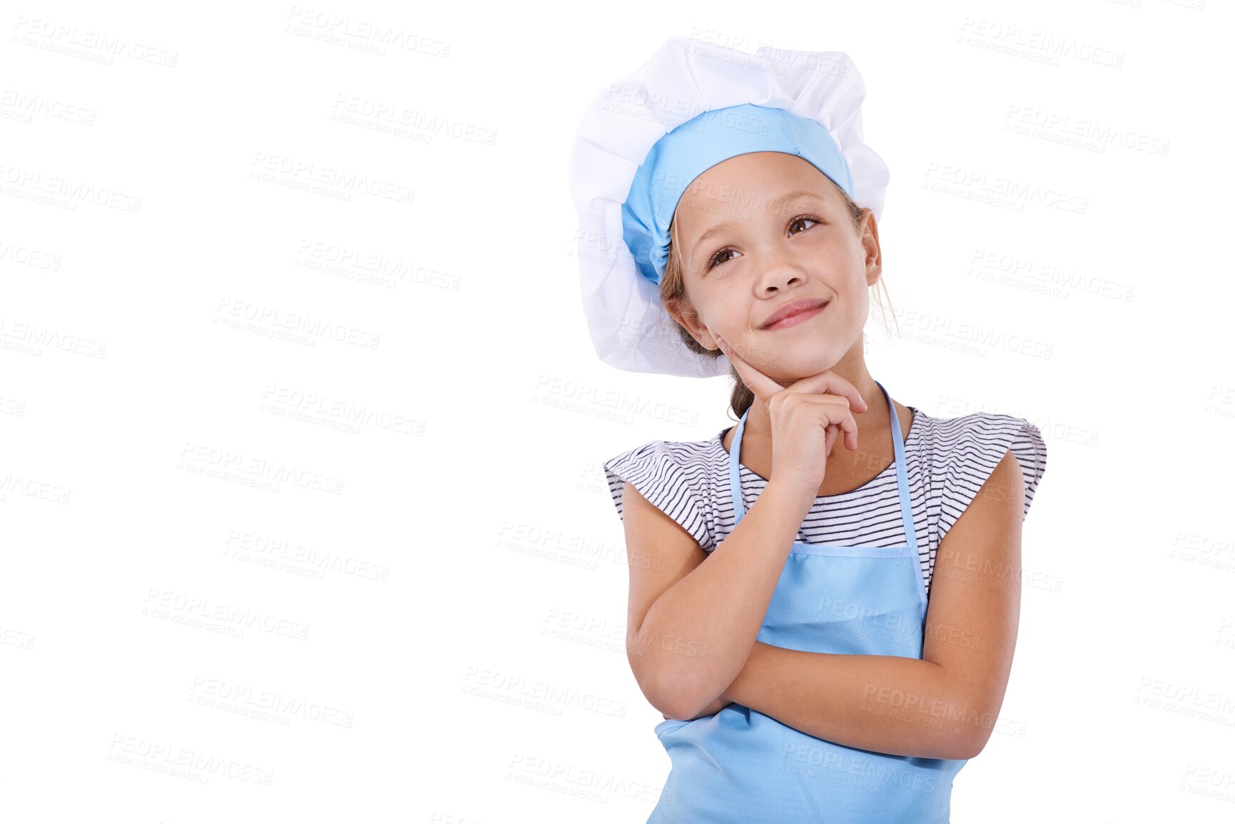 Buy stock photo Child, smile and thinking on cooking, chef and childhood to prepare food in imagination. Female person, vision and development for meal, ideas and play, fun and isolated on transparent png background