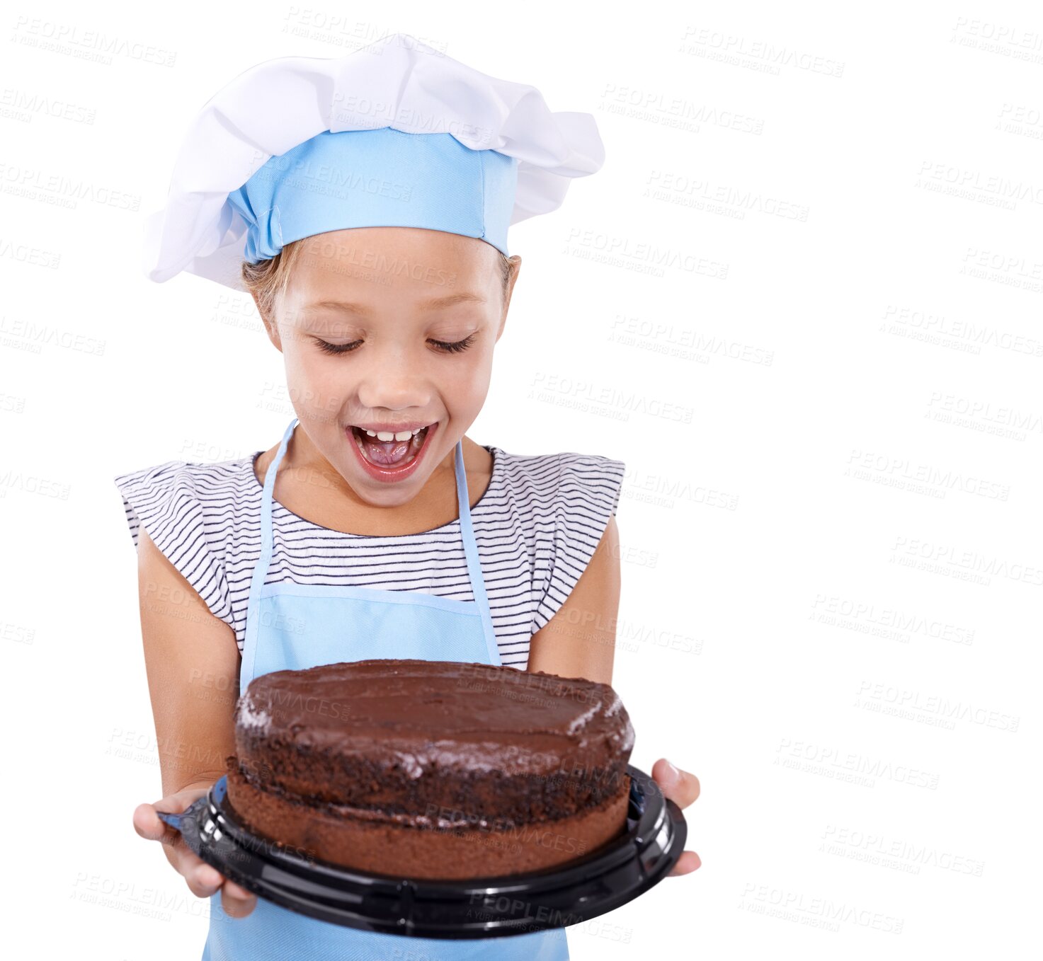 Buy stock photo Excited, happy and girl with cake, fun and development isolated on a transparent background. Person, kid and model with dessert, apron or chef hat with sugar, excitement and childhood with png or joy