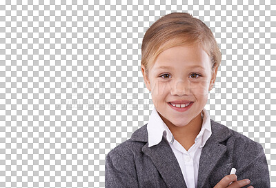 Buy stock photo Portrait of girl child, pretend teacher and future career in education isolated on transparent png background. Happy kid, little professor and dream job with suit, smile and chalk for school lecture.