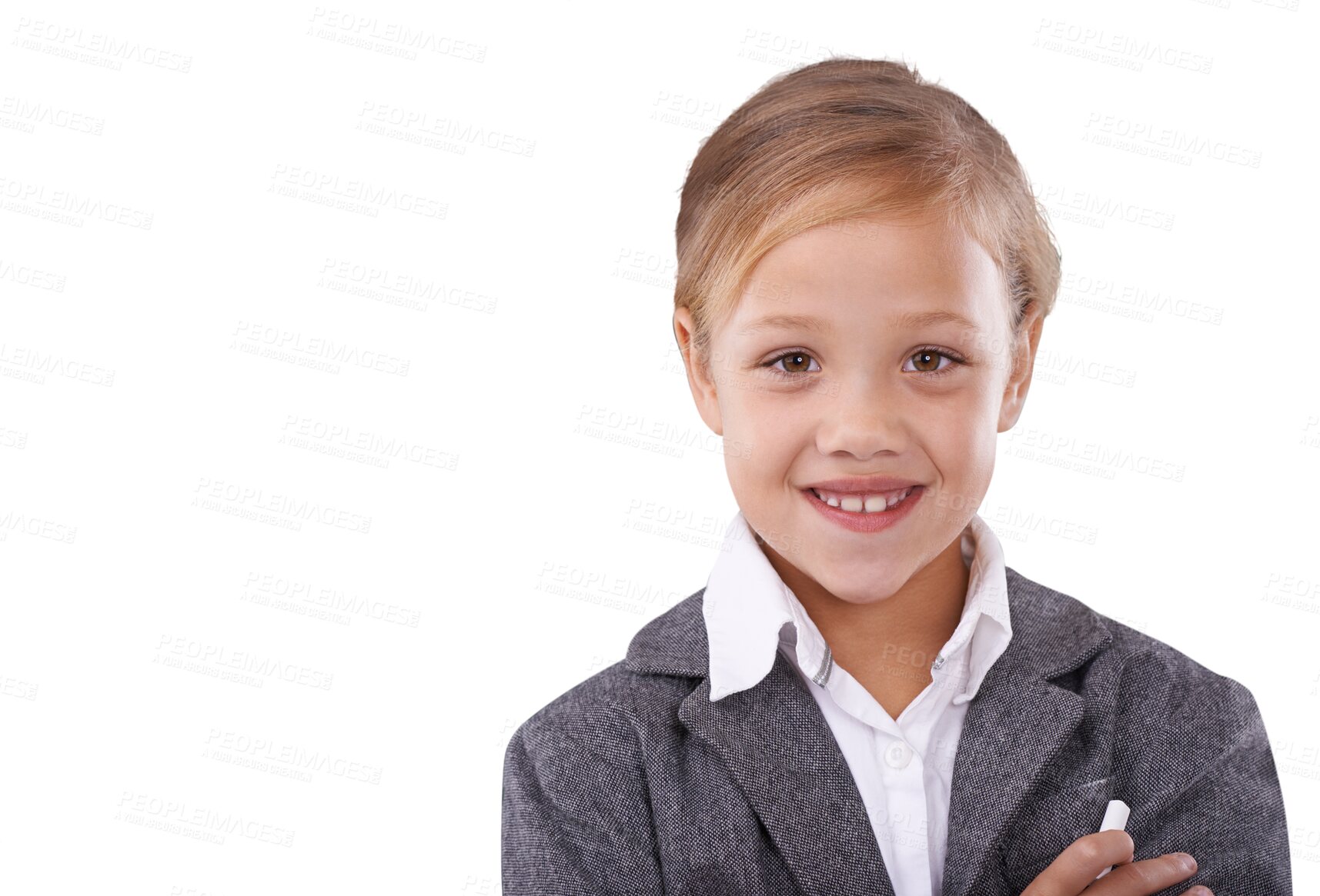 Buy stock photo Portrait of girl child, pretend teacher and future career in education isolated on transparent png background. Happy kid, little professor and dream job with suit, smile and chalk for school lecture.