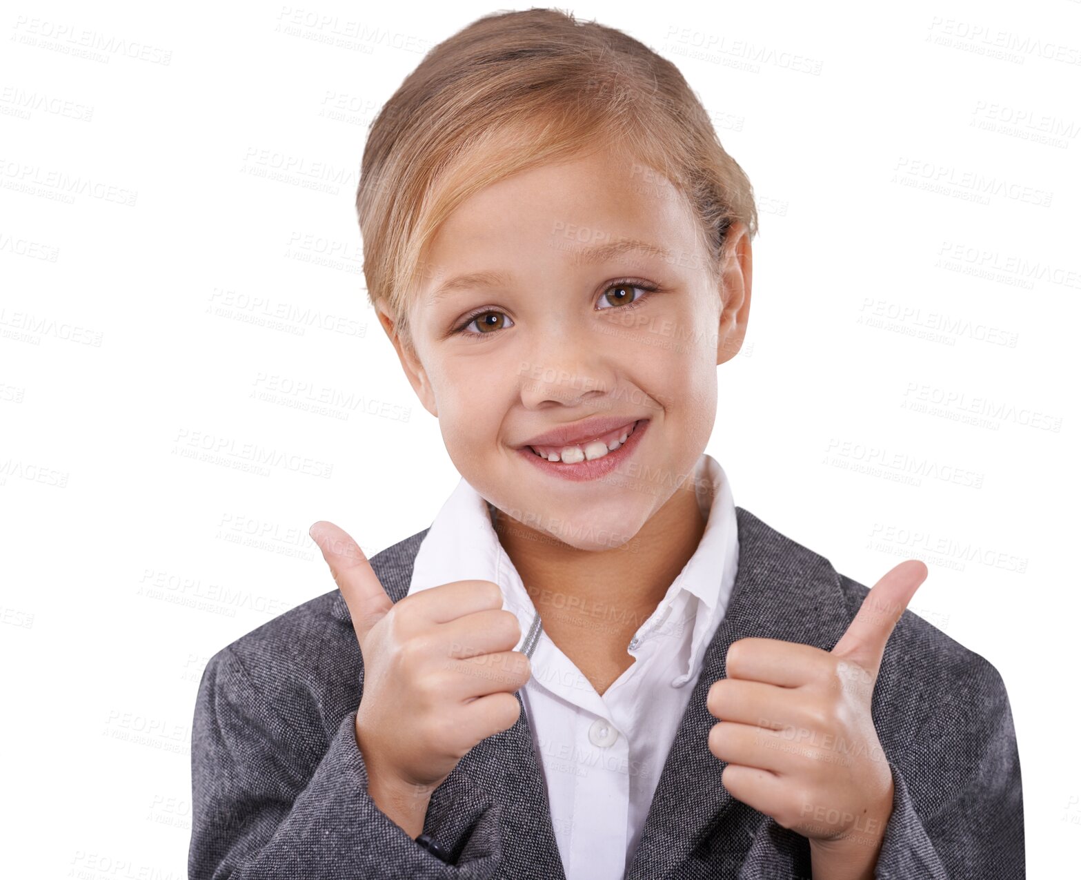 Buy stock photo Happy girl, portrait and thumbs up for school, education or learning isolated on a transparent PNG background. Female person, young child or kid smile with like emoji, yes sign or ok for good job