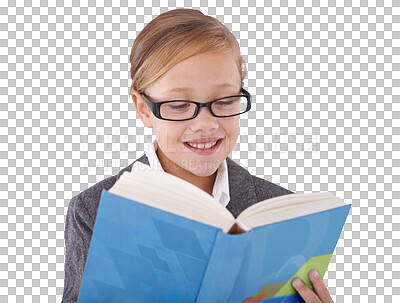 Buy stock photo Girl reading book, student and glasses for education, language learning and school knowledge. Kid or child with vision, eye care and library resources or novel isolated on transparent png background