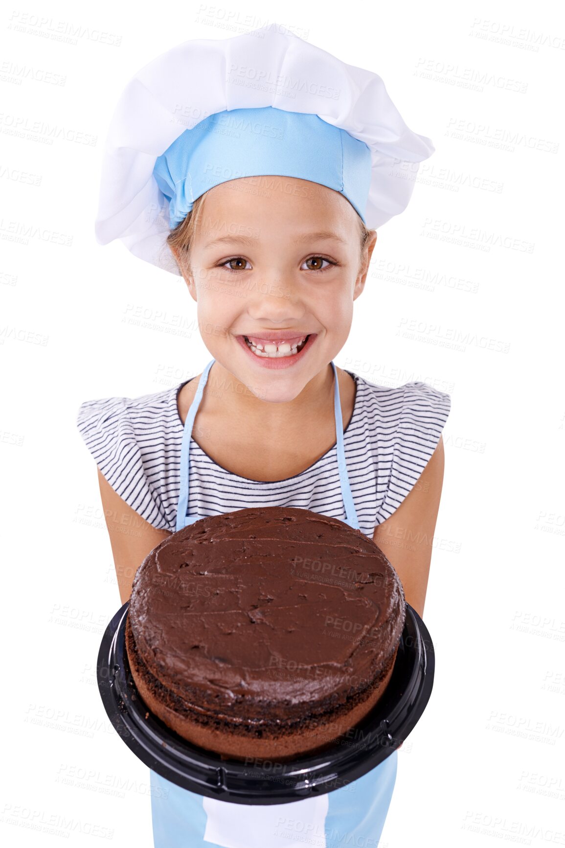 Buy stock photo Excited, baking and portrait of child with chocolate cake on isolated, png and transparent background. Happy, childhood and girl with dessert, treat and sweet food for learning chef or baker skills