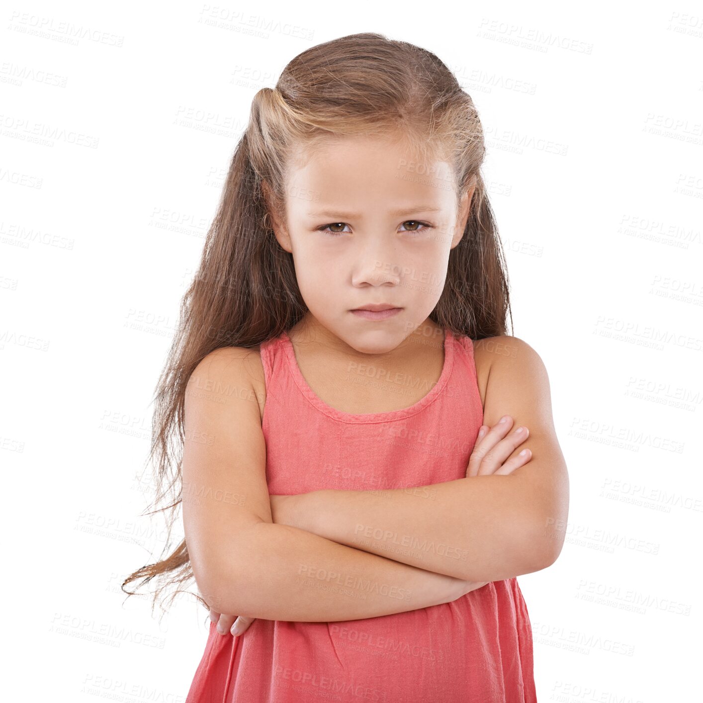 Buy stock photo Child, arms crossed and angry portrait with upset or frustrated, grumpy tantrum and moody attitude. Young girl, cross face and body language with emotions, isolated and transparent png background 