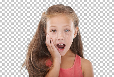 Buy stock photo Young girl, surprise and shock face in wow portrait for gossip, fake news and studio mockup. Child, hand or mouth open for omg emoji, sale announcement or isolated on transparent png background