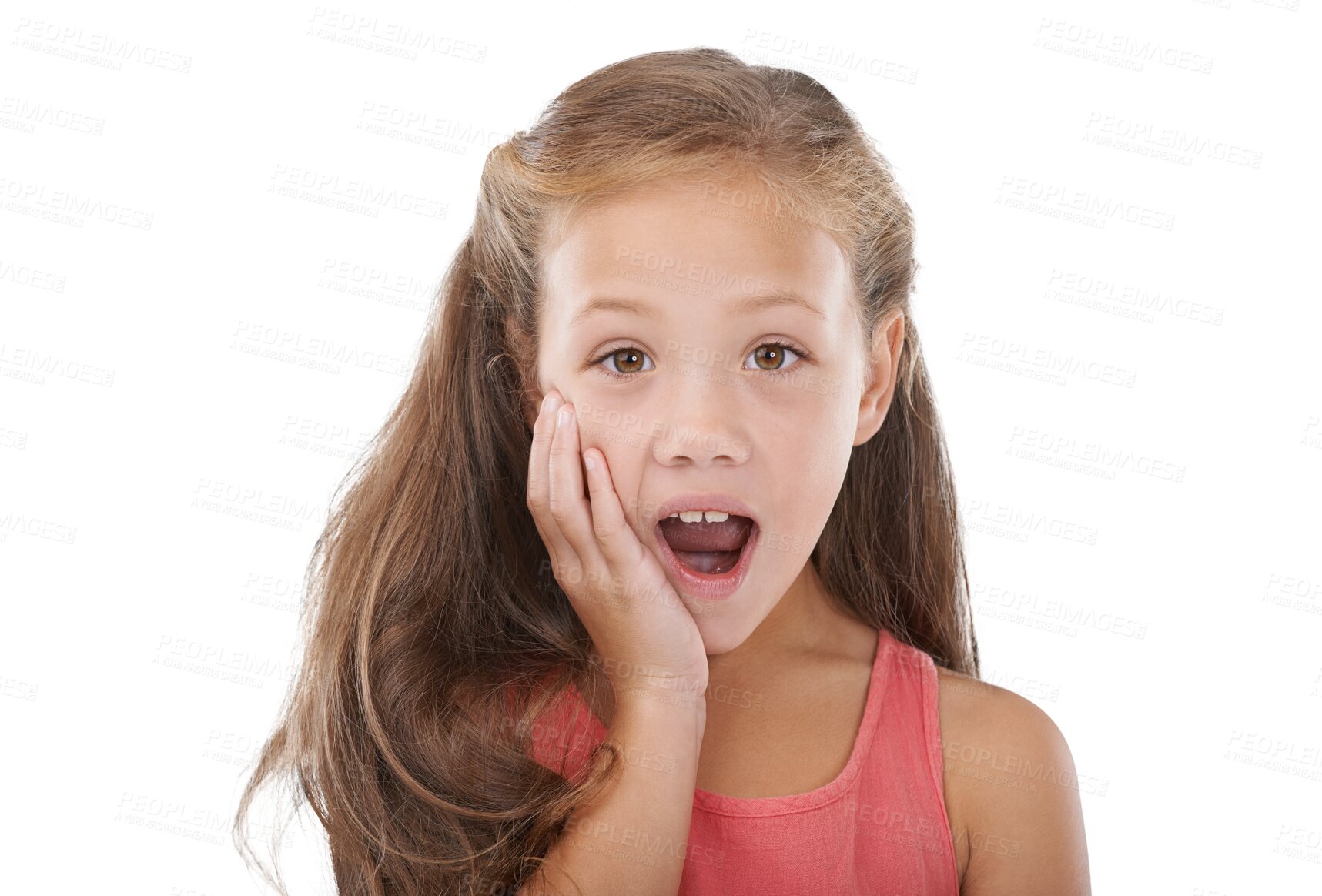 Buy stock photo Young girl, surprise and shock face in wow portrait for gossip, fake news and studio mockup. Child, hand or mouth open for omg emoji, sale announcement or isolated on transparent png background