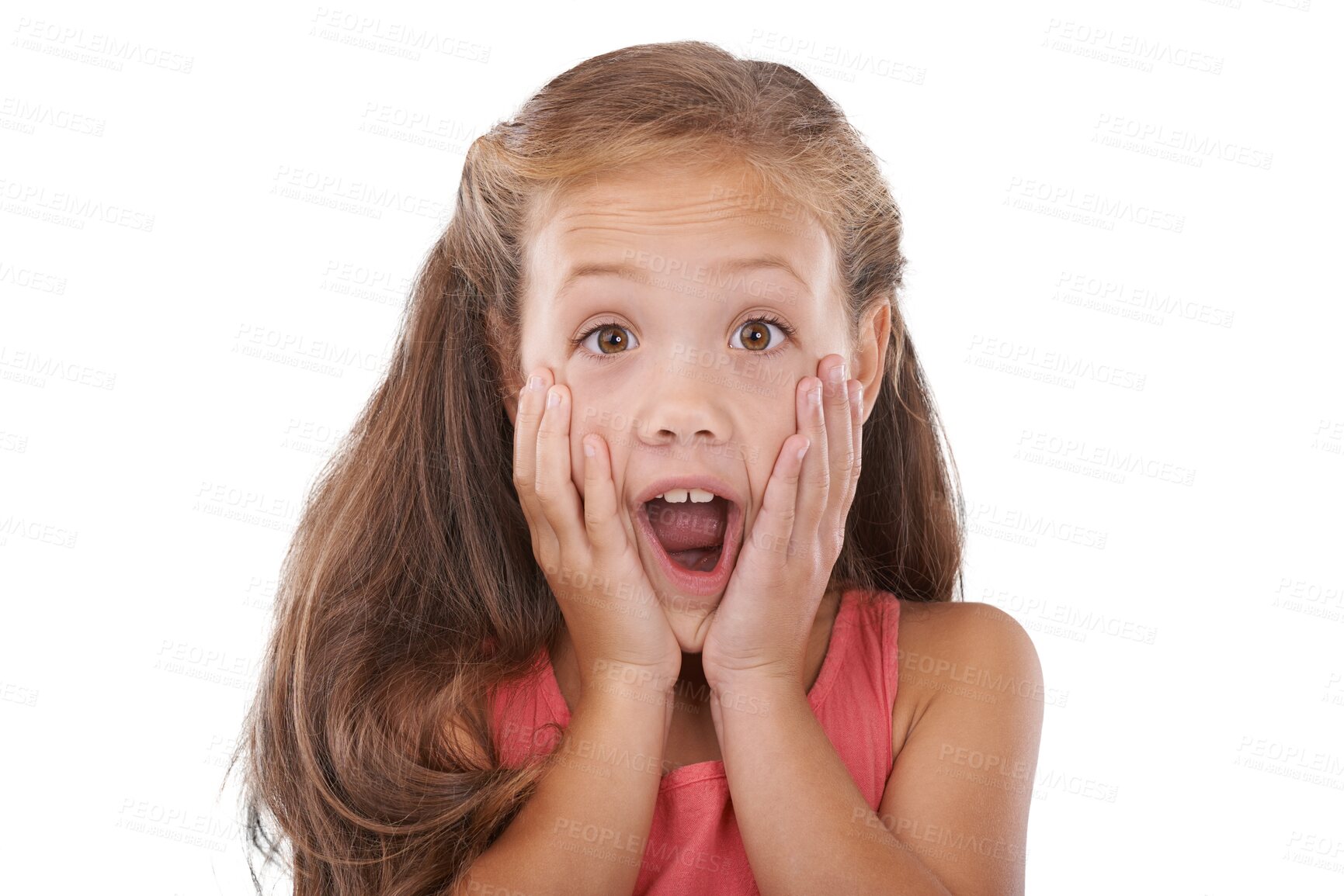 Buy stock photo Child, surprise and hands on face for wow, shock and portrait for secret or good news announcement. Young girl, prize and amazed expression, giveaway deal and isolated on transparent png background