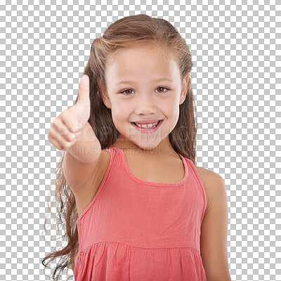 Buy stock photo Happy little girl, portrait and thumbs up for winning, good job or success isolated on a transparent PNG background. Female person or young child smile with like emoji, yes sign or OK for thank you