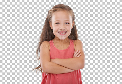 Buy stock photo Portrait. children and arms crossed with an adorable girl isolated on a transparent background for growth or child development. Face, smile and happy with a cute young kid on PNG looking confident