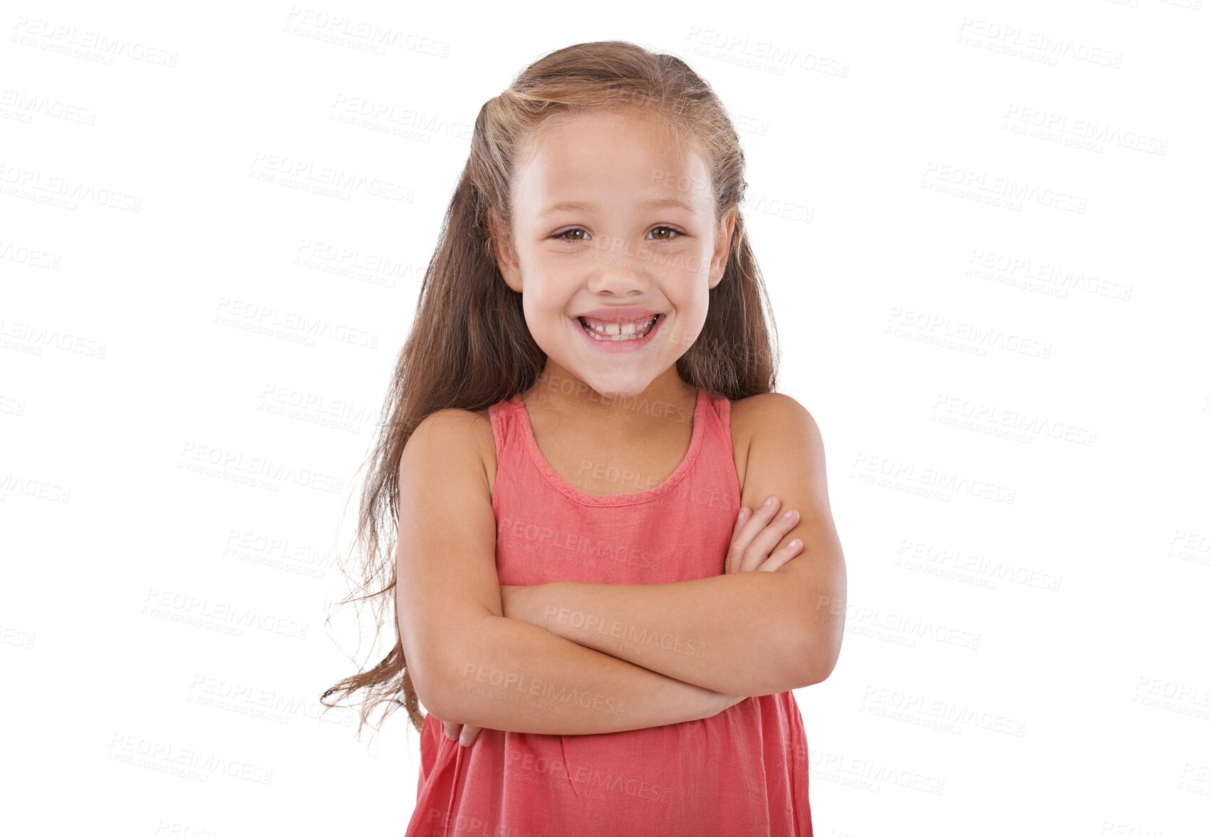 Buy stock photo Portrait. children and arms crossed with an adorable girl isolated on a transparent background for growth or child development. Face, smile and happy with a cute young kid on PNG looking confident