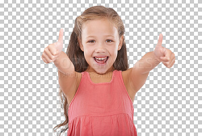 Buy stock photo Happy young girl, portrait and thumbs up for winning, good job or success isolated on a transparent PNG background. Female person, child or kid smile with like emoji, yes sign or OK for thank you