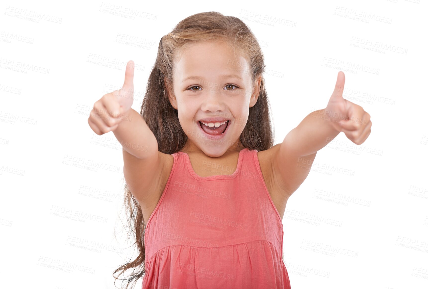 Buy stock photo Happy young girl, portrait and thumbs up for winning, good job or success isolated on a transparent PNG background. Female person, child or kid smile with like emoji, yes sign or OK for thank you