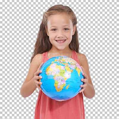 Buy stock photo Portrait. children and globe with an adorable girl isolated on a transparent background for climate change awareness. Kids, happy and a cute young youth on PNG for sustainability on earth day