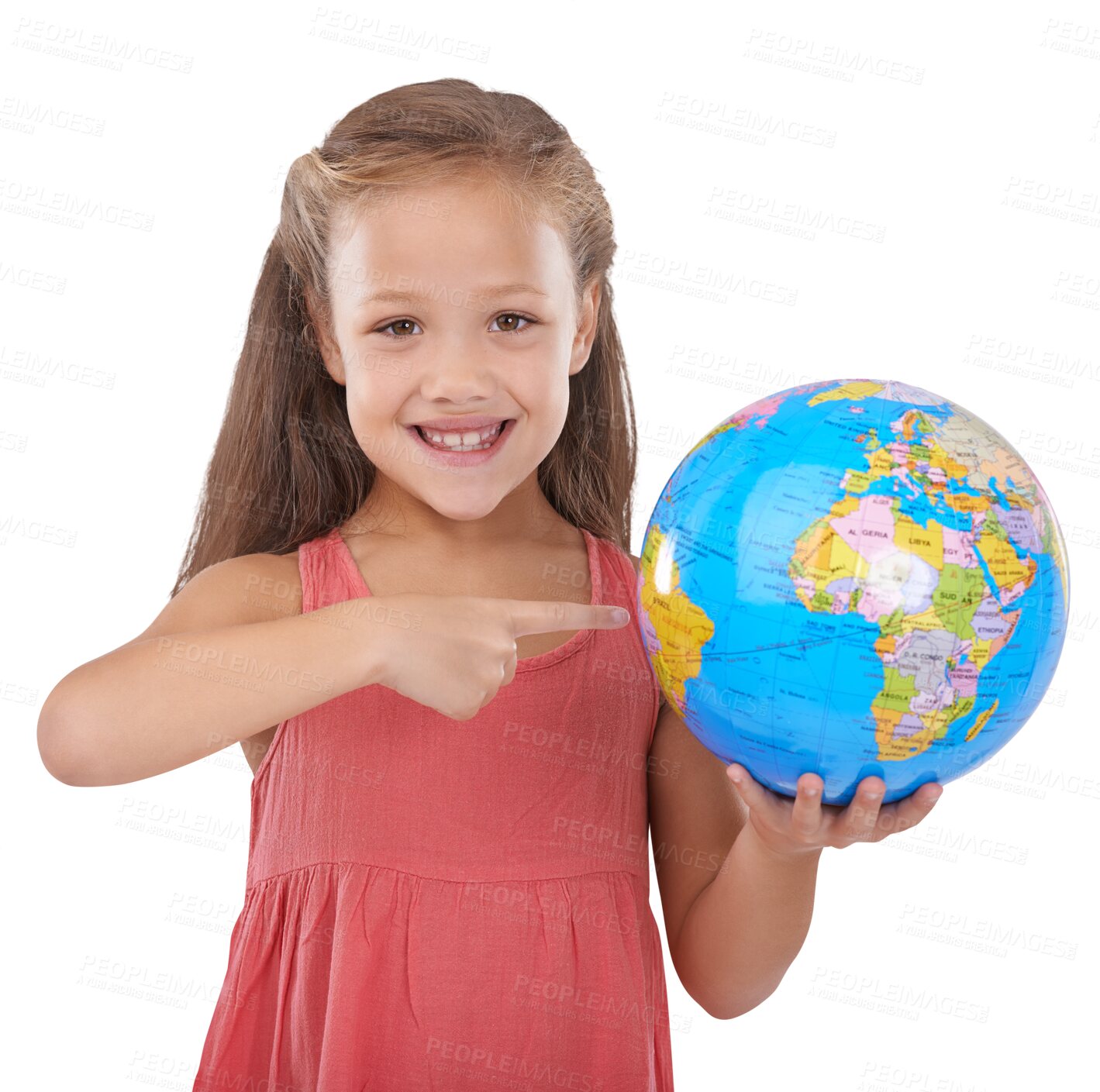 Buy stock photo Portrait, smile and a girl pointing to earth isolated on a transparent background for travel or sustainability. Recycle, global warming or climate change and a young child on PNG with a world globe