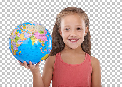 Buy stock photo Portrait, smile and a girl with an earth map isolated on a transparent background for travel or sustainability. Recycle, global warming or environment and a young child on PNG with a world globe