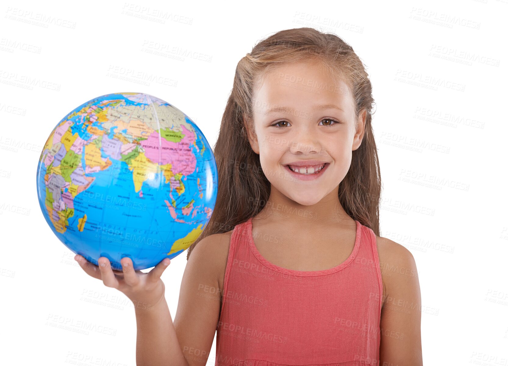 Buy stock photo Portrait, smile and a girl with an earth map isolated on a transparent background for travel or sustainability. Recycle, global warming or environment and a young child on PNG with a world globe