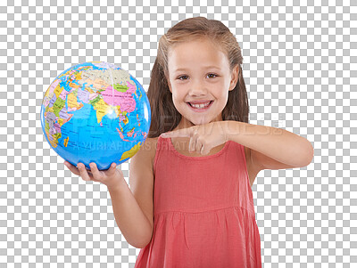 Buy stock photo Portrait, smile and a girl pointing to the world isolated on a transparent background for travel or sustainability. Recycle, global warming or climate change and a young child on PNG with our planet