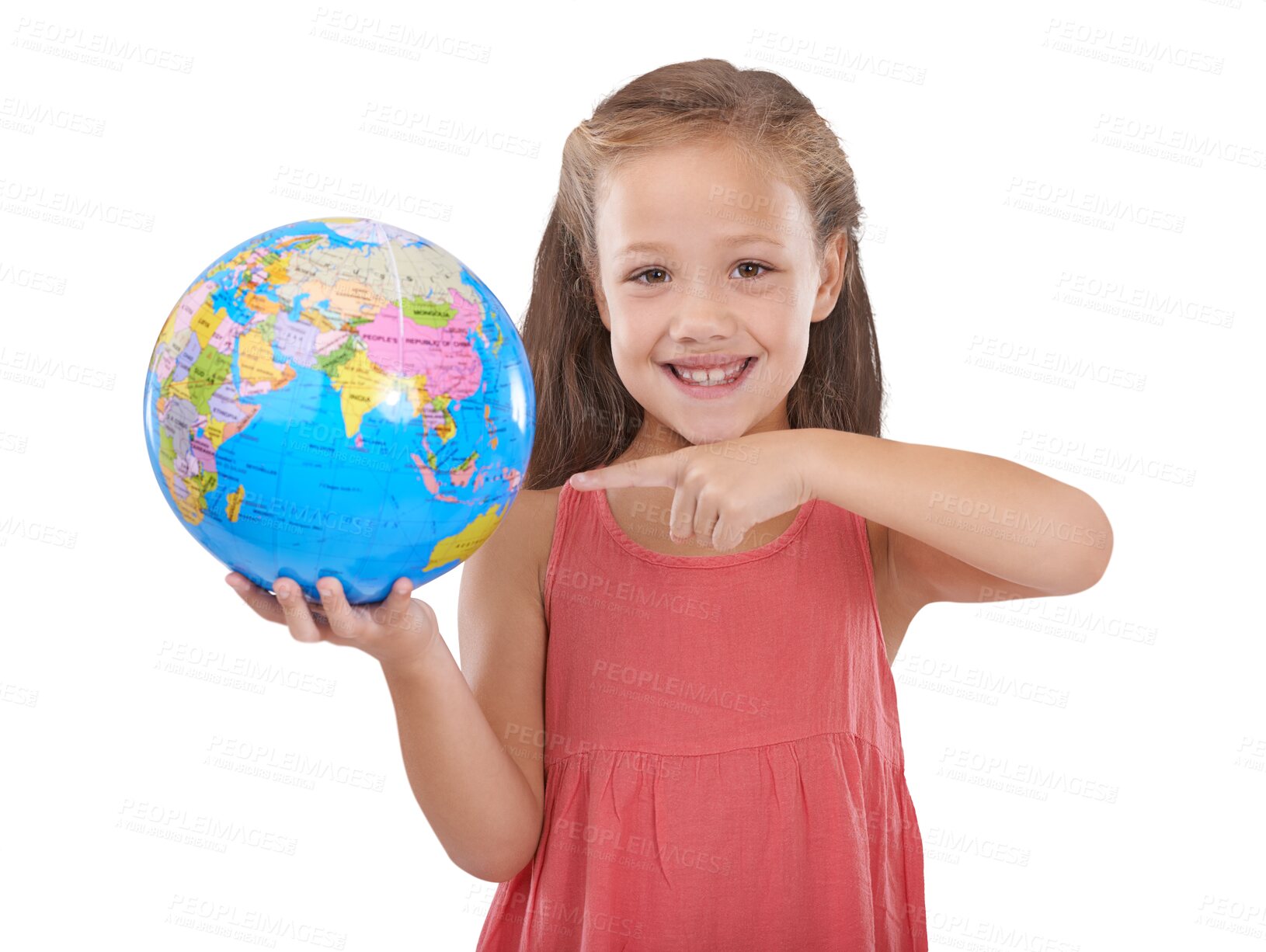 Buy stock photo Portrait, smile and a girl pointing to the world isolated on a transparent background for travel or sustainability. Recycle, global warming or climate change and a young child on PNG with our planet