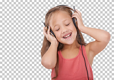 Buy stock photo Happy little girl, headphones and listening to music for entertainment isolated on a transparent PNG background. Female person, young child or kid smile enjoying audio streaming, podcast or sound