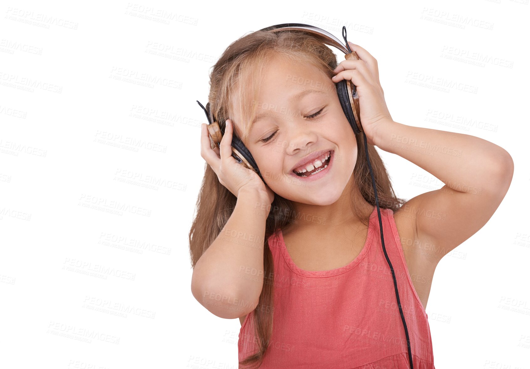 Buy stock photo Happy little girl, headphones and listening to music for entertainment isolated on a transparent PNG background. Female person, young child or kid smile enjoying audio streaming, podcast or sound