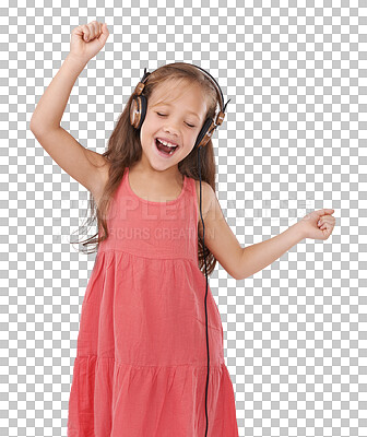 Buy stock photo Happy child, headphones and dancing to music for entertainment isolated on a transparent PNG background. Female person or young little kid smile listening or enjoying audio streaming or podcast sound