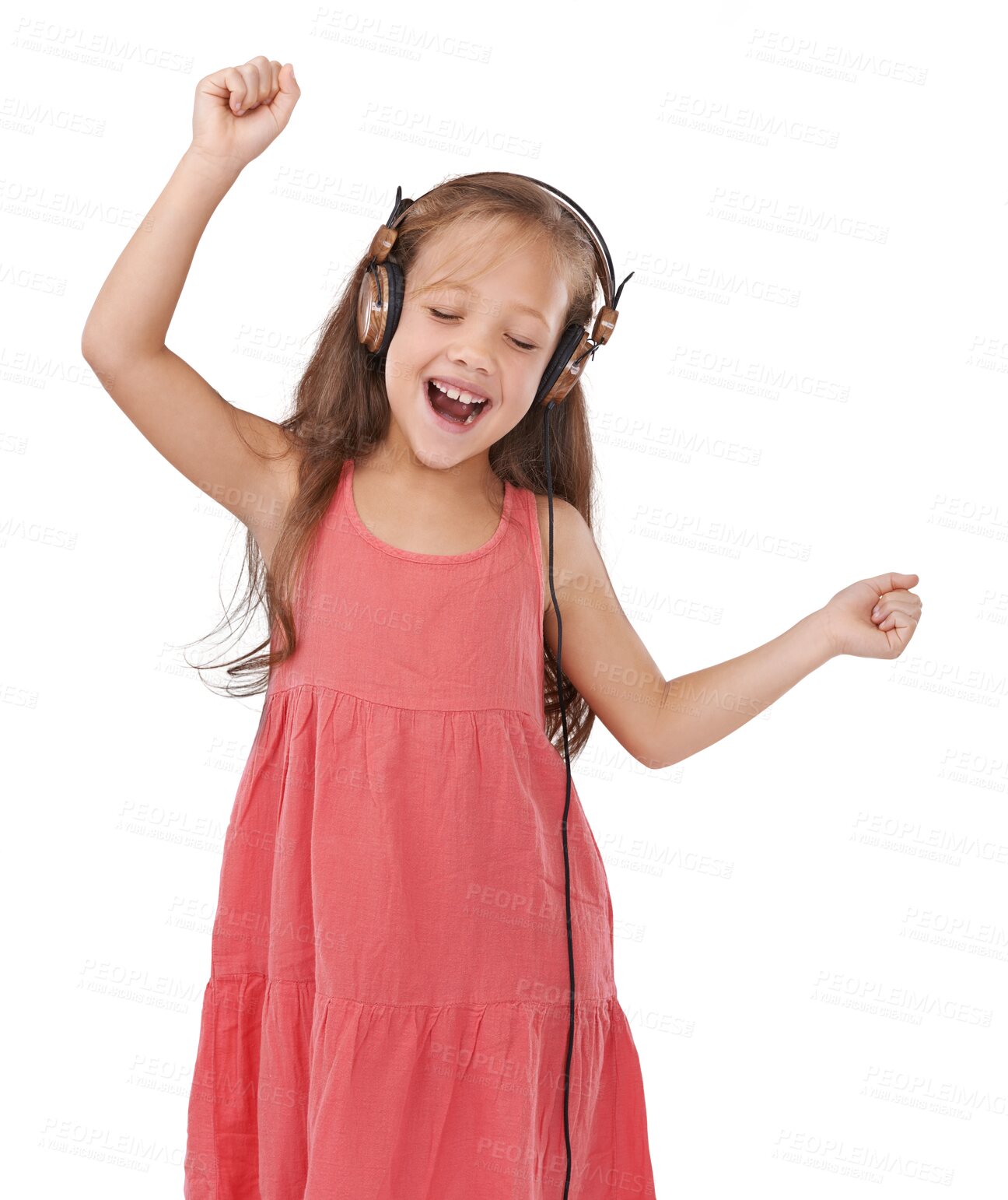 Buy stock photo Happy child, headphones and dancing to music for entertainment isolated on a transparent PNG background. Female person or young little kid smile listening or enjoying audio streaming or podcast sound