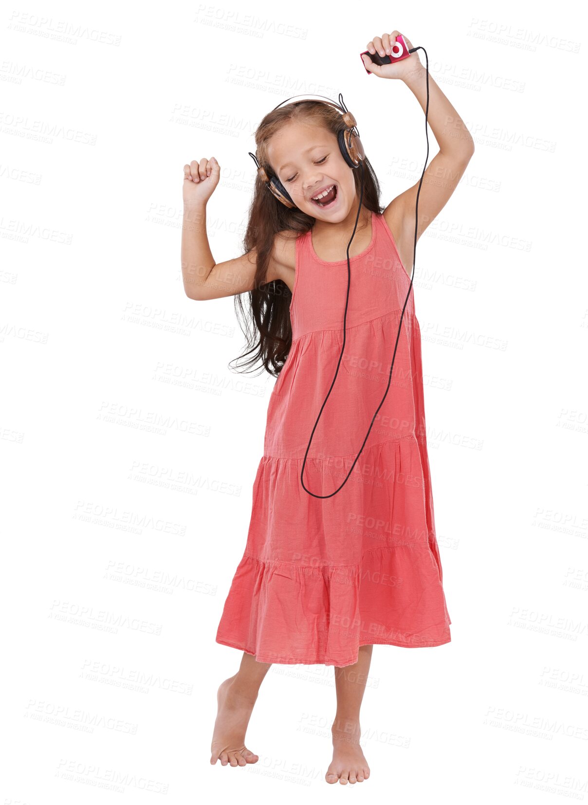 Buy stock photo Happy child, portrait and headphones listening to podcast for entertainment isolated on a transparent PNG background. Female person, young girl or kid smile enjoying audio streaming, music or sound