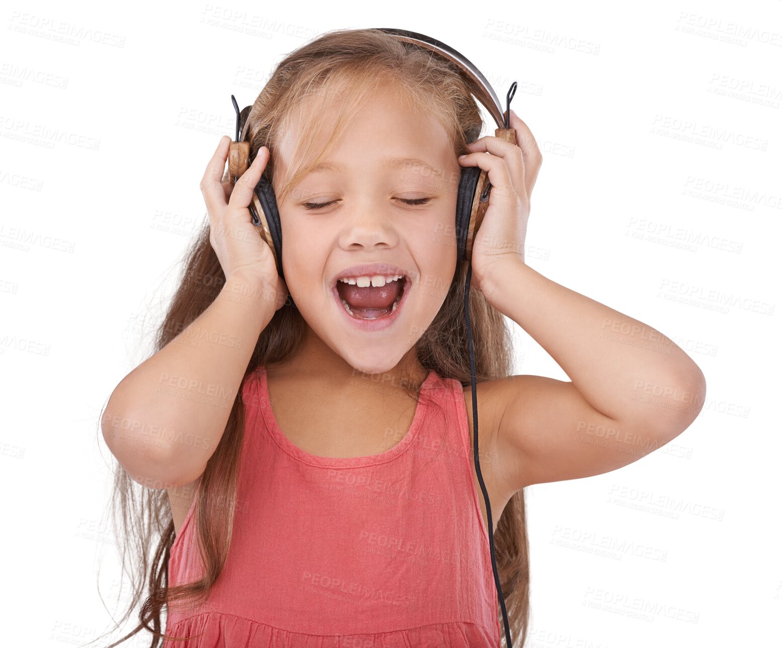 Buy stock photo Happy child, headphones and singing to podcast for entertainment isolated on a transparent PNG background. Female person, young girl or little kid smile listening to audio streaming, music or sound