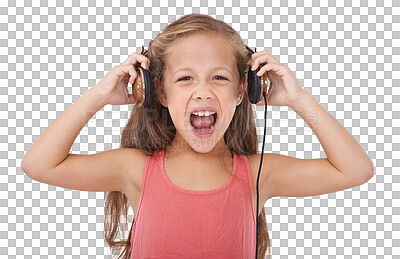 Buy stock photo Young child, headphones and screaming in music, anger or listening to radio isolated on a transparent PNG background. Portrait of little girl or kid shouting with headset for loud sound or podcast