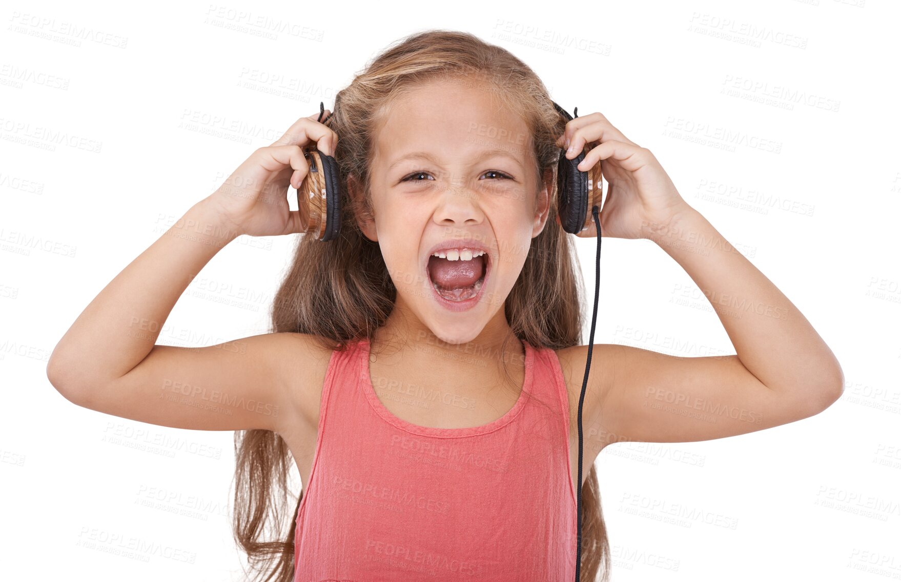 Buy stock photo Young child, headphones and screaming in music, anger or listening to radio isolated on a transparent PNG background. Portrait of little girl or kid shouting with headset for loud sound or podcast