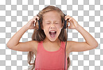 Face, music and a rocker girl screaming in headphones isolated on a transparent background for expression. Radio, streaming and loud with a young child shouting or yelling on PNG for emotion