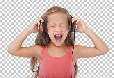Face, music and a rocker girl screaming in headphones isolated on a transparent background for expression. Radio, streaming and loud with a young child shouting or yelling on PNG for emotion