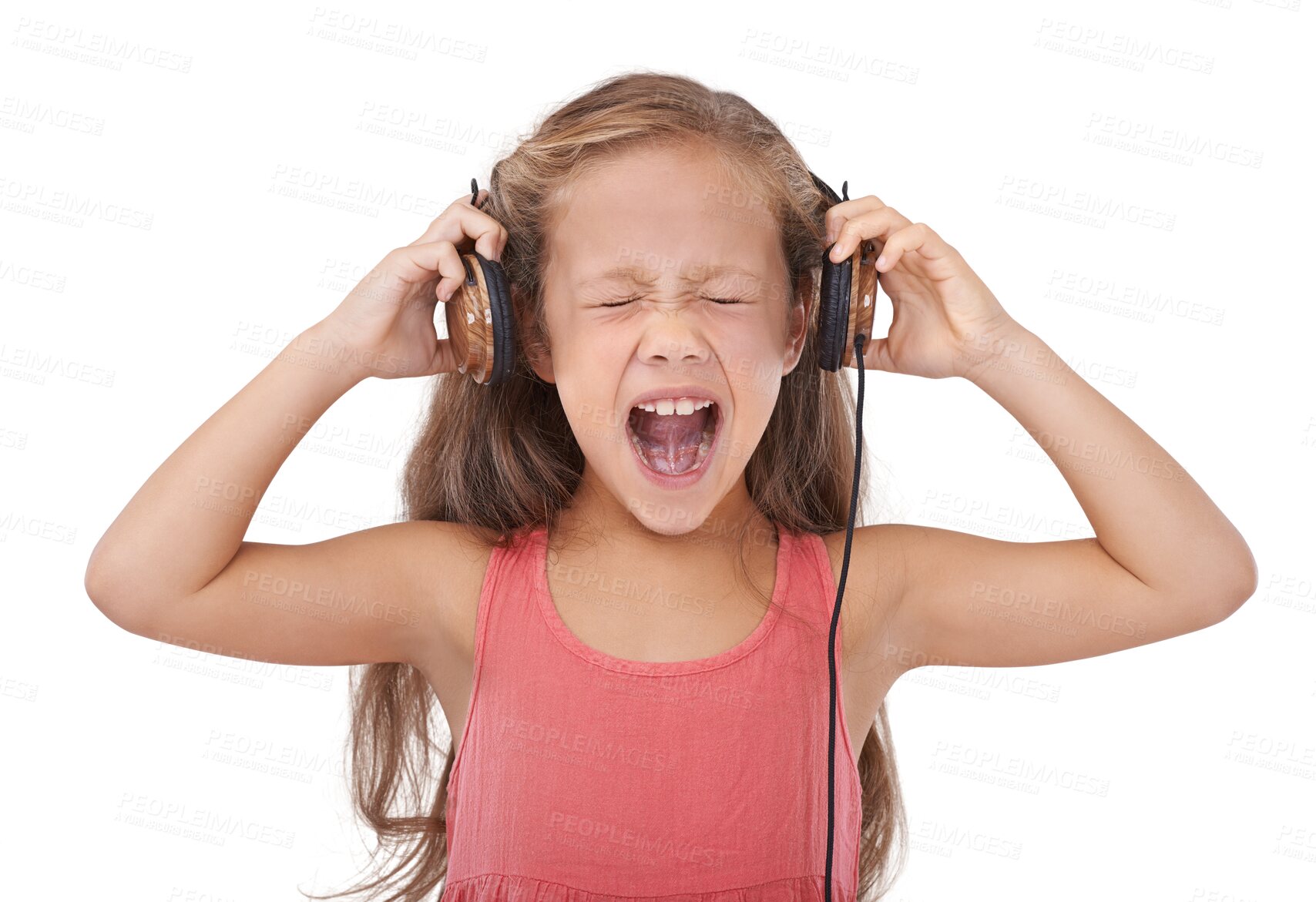 Buy stock photo Face, music and a rocker girl screaming in headphones isolated on a transparent background for expression. Radio, streaming and loud with a young child shouting or yelling on PNG for emotion