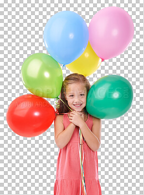 Buy stock photo Portrait, kid and happy girl with smile for balloons for party, celebration or fun event. Youth, female model and excited expression with joy on isolated or a transparent png background for birthday