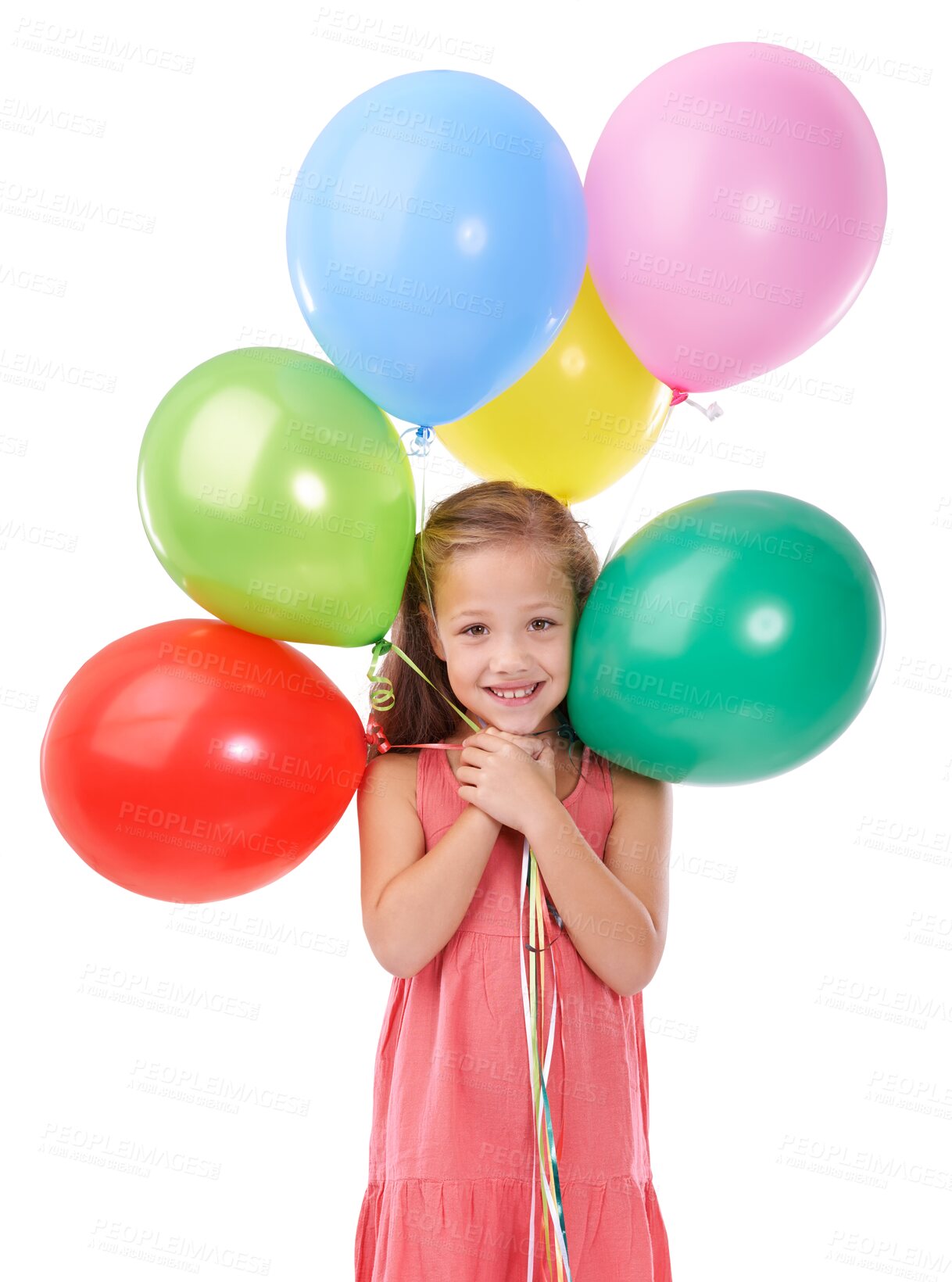 Buy stock photo Portrait, kid and happy girl with smile for balloons for party, celebration or fun event. Youth, female model and excited expression with joy on isolated or a transparent png background for birthday