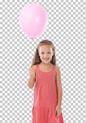 Buy stock photo Portrait, girl and kid with a balloon, happiness and excited person isolated on a transparent background. Face, model and child with party decoration, fun and playful with a dress, cheerful and png