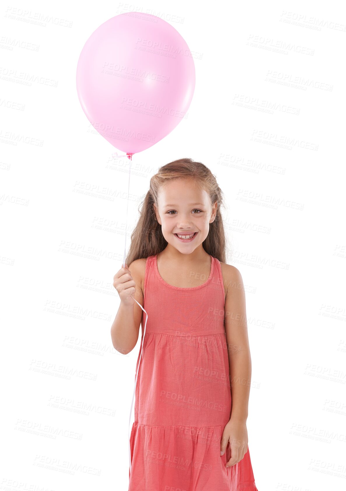 Buy stock photo Portrait, girl and kid with a balloon, happiness and excited person isolated on a transparent background. Face, model and child with party decoration, fun and playful with a dress, cheerful and png