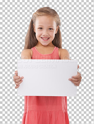 Buy stock photo Happy young child, portrait and poster for advertising or marketing isolated on a transparent PNG background. Female person, little girl or kid smile holding banner for advertisement or message