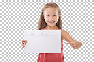 Buy stock photo Happy girl, portrait and pointing to billboard for advertising or marketing isolated on a transparent PNG background. Female person, little child or kid smile holding poster for deal, sale or message