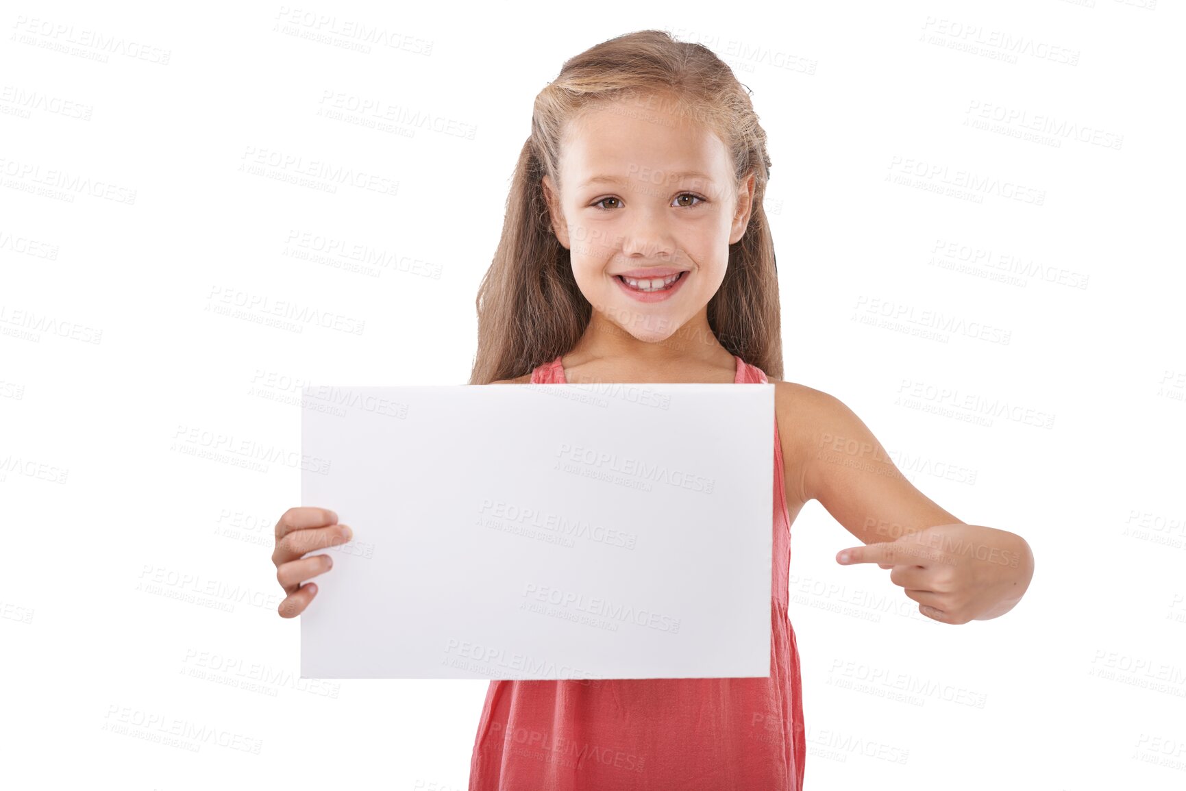 Buy stock photo Happy girl, portrait and pointing to billboard for advertising or marketing isolated on a transparent PNG background. Female person, little child or kid smile holding poster for deal, sale or message