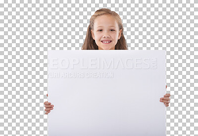 Buy stock photo Happy girl, portrait and billboard for advertising or marketing isolated on a transparent PNG background. Female person, child or kid smile holding poster for deal, sale or advertisement message