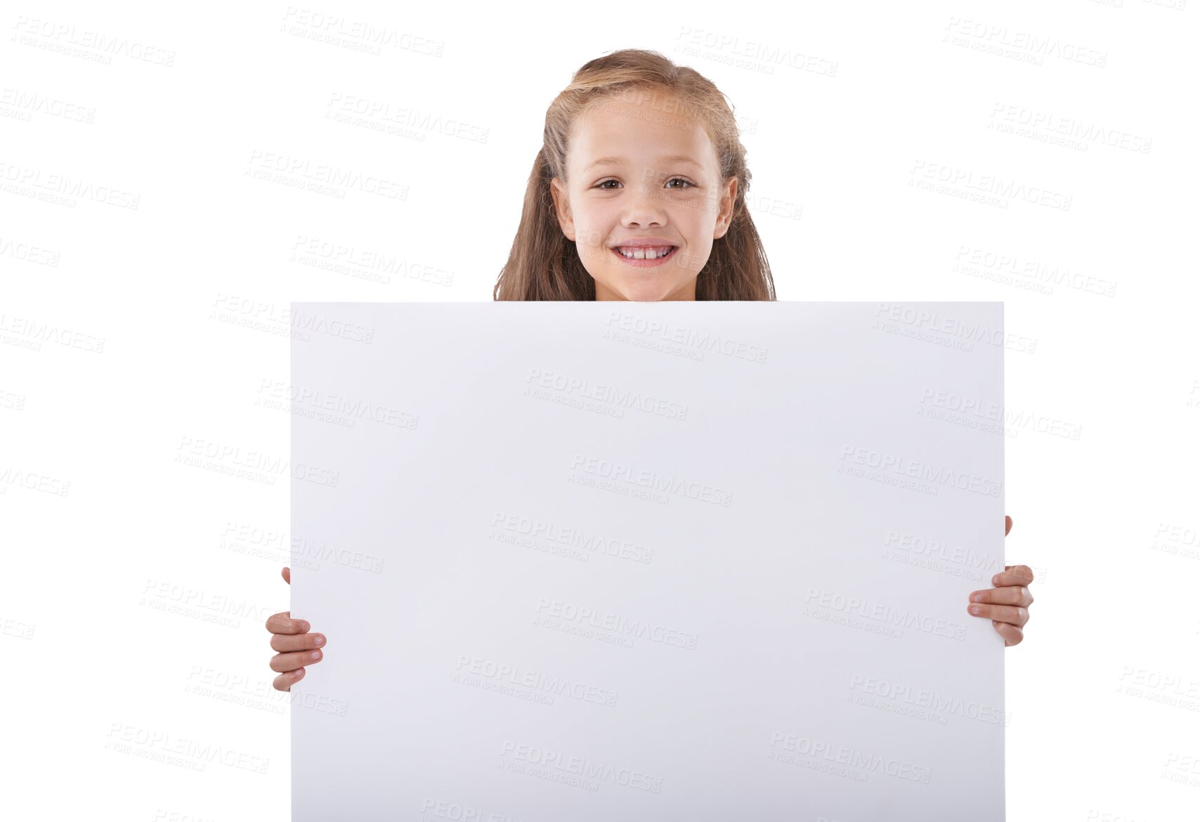 Buy stock photo Happy girl, portrait and billboard for advertising or marketing isolated on a transparent PNG background. Female person, child or kid smile holding poster for deal, sale or advertisement message