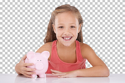 Buy stock photo Happy girl, portrait and piggy bank for savings or investment isolated on a transparent PNG background. Face of female person, little child or kid smile with piggybank for financial freedom or profit