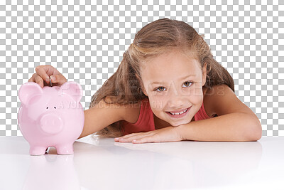 Buy stock photo Piggy bank, savings and portrait of girl child with money on isolated, transparent or png background. Cash, box and face of kid with budget, investment and coin container for future financial freedom