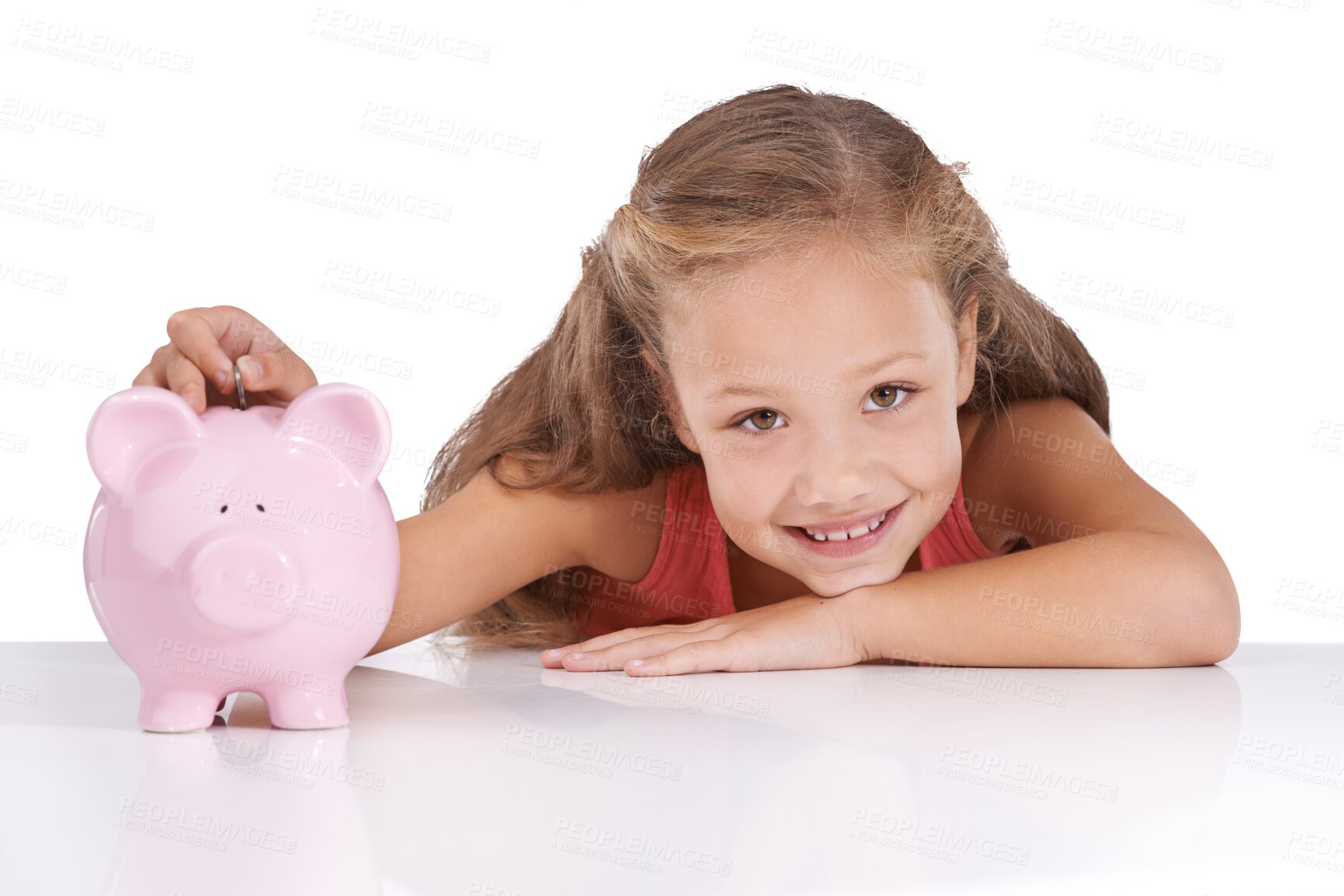 Buy stock photo Piggy bank, savings and portrait of girl child with money on isolated, transparent or png background. Cash, box and face of kid with budget, investment and coin container for future financial freedom