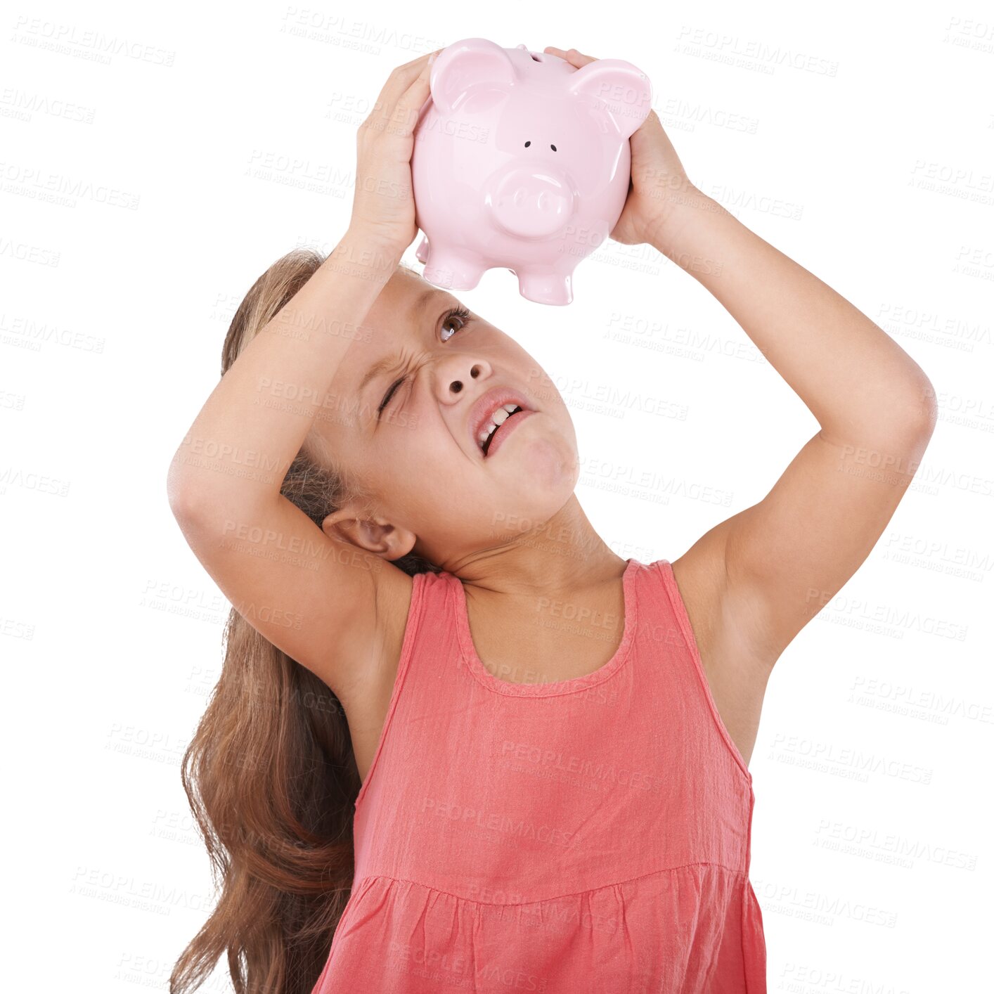 Buy stock photo Girl, piggy bank and confused with kid, crisis and surprise isolated on a transparent background. Person, model and child with finance, investment and reaction with, why, crash and savings with png