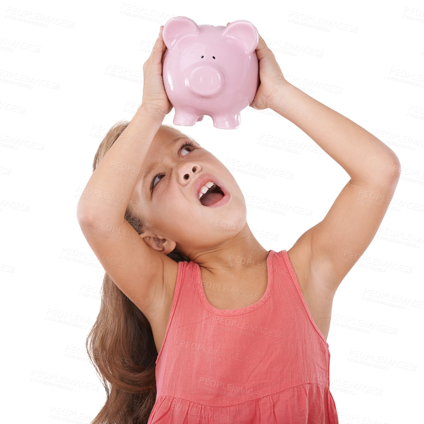 Buy stock photo Girl, piggy bank and confused with surprise, child and questions isolated on a transparent background. Person, model and kid with finance, investment and wonder with, why, crash and savings with png