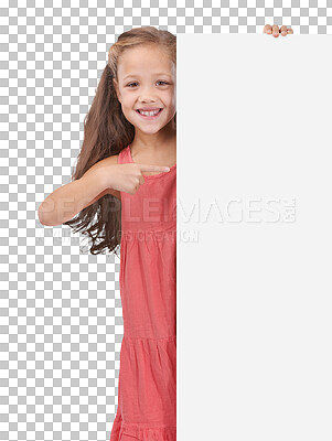 Buy stock photo Portrait, space and a girl pointing to a poster isolated on a transparent background for marketing or advertising. Smile, mockup and cute young child showing a paper sign for information on PNG